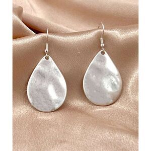 Silver Teardrop Dangle Pendant Earrings Drop Hammered Charm Retro Boho Casual